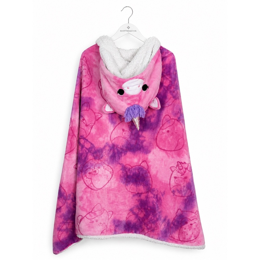 Squishmallows Lola Unicorn Hooded Blanket Kids Pink Purple Tie Dye Sherpa Plush